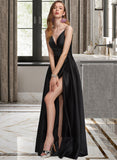 Reagan A-Line V-neck Floor-Length Satin Bridesmaid Dress With Ruffle Split Front UKP0012872