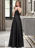 Reagan A-Line V-neck Floor-Length Satin Bridesmaid Dress With Ruffle Split Front UKP0012872