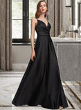 Reagan A-Line V-neck Floor-Length Satin Bridesmaid Dress With Ruffle Split Front UKP0012872