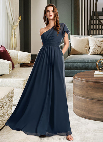 Makaila A-Line One-Shoulder Floor-Length Bridesmaid Dress With Ruffle UKP0012875