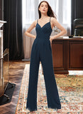 Kendal Jumpsuit/Pantsuit V-Neck Floor-Length Chiffon Bridesmaid Dress With Ruffle UKP0012877