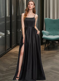 Journey A-Line Square Neckline Floor-Length Satin Bridesmaid Dress With Split Front Pockets UKP0012879