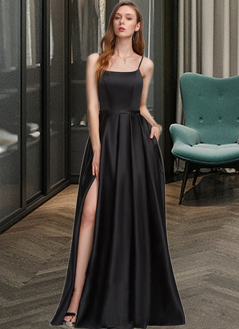 Journey A-Line Square Neckline Floor-Length Satin Bridesmaid Dress With Split Front Pockets UKP0012879