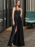 Journey A-Line Square Neckline Floor-Length Satin Bridesmaid Dress With Split Front Pockets UKP0012879