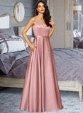 Jo Ball-Gown/Princess V-neck Floor-Length Satin Bridesmaid Dress With Pockets UKP0012880