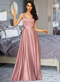 Jo Ball-Gown/Princess V-neck Floor-Length Satin Bridesmaid Dress With Pockets UKP0012880