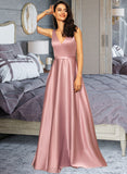 Jo Ball-Gown/Princess V-neck Floor-Length Satin Bridesmaid Dress With Pockets UKP0012880