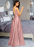 Jo Ball-Gown/Princess V-neck Floor-Length Satin Bridesmaid Dress With Pockets UKP0012880