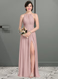 Sarah A-Line Scoop Neck Floor-Length Chiffon Bridesmaid Dress With Ruffle Bow(s) Split Front UKP0012886