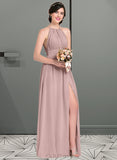 Sarah A-Line Scoop Neck Floor-Length Chiffon Bridesmaid Dress With Ruffle Bow(s) Split Front UKP0012886