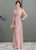 Sarah A-Line Scoop Neck Floor-Length Chiffon Bridesmaid Dress With Ruffle Bow(s) Split Front UKP0012886