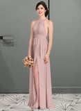 Sarah A-Line Scoop Neck Floor-Length Chiffon Bridesmaid Dress With Ruffle Bow(s) Split Front UKP0012886