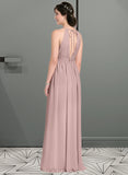 Sarah A-Line Scoop Neck Floor-Length Chiffon Bridesmaid Dress With Ruffle Bow(s) Split Front UKP0012886