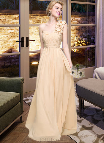 Coral A-Line One-Shoulder Floor-Length Chiffon Bridesmaid Dress With Ruffle Flower(s) UKP0012887