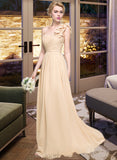 Coral A-Line One-Shoulder Floor-Length Chiffon Bridesmaid Dress With Ruffle Flower(s) UKP0012887