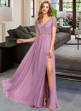 Pam A-Line V-neck Floor-Length Chiffon Bridesmaid Dress With Split Front UKP0012890