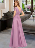 Pam A-Line V-neck Floor-Length Chiffon Bridesmaid Dress With Split Front UKP0012890