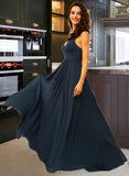 Nola A-Line V-neck Floor-Length Chiffon Bridesmaid Dress With Ruffle UKP0012891