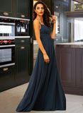 Nola A-Line V-neck Floor-Length Chiffon Bridesmaid Dress With Ruffle UKP0012891