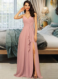 Gracie A-LineV-neckFloor-LengthChiffonBridesmaidDressWithRuffleSplitFront#251384 UKP0012892