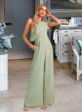 Rose Jumpsuit/Pantsuit One-Shoulder Floor-Length Bridesmaid Dress With Ruffle UKP0012897