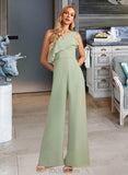 Rose Jumpsuit/Pantsuit One-Shoulder Floor-Length Bridesmaid Dress With Ruffle UKP0012897