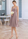 Nita Empire V-Neck Knee-Length Chiffon Bridesmaid Dress With Cascading Ruffles UKP0012901