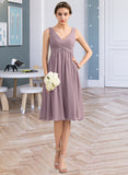 Nita Empire V-Neck Knee-Length Chiffon Bridesmaid Dress With Cascading Ruffles UKP0012901