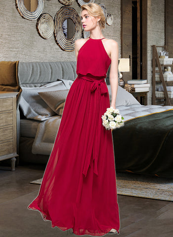 June A-Line Scoop Neck Floor-Length Chiffon Bridesmaid Dress With Bow(s) UKP0012902