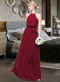 June A-Line Scoop Neck Floor-Length Chiffon Bridesmaid Dress With Bow(s) UKP0012902