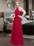 June A-Line Scoop Neck Floor-Length Chiffon Bridesmaid Dress With Bow(s) UKP0012902