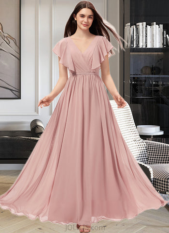 Genesis A-Line V-neck Floor-Length Chiffon Bridesmaid Dress With Split Front UKP0012903