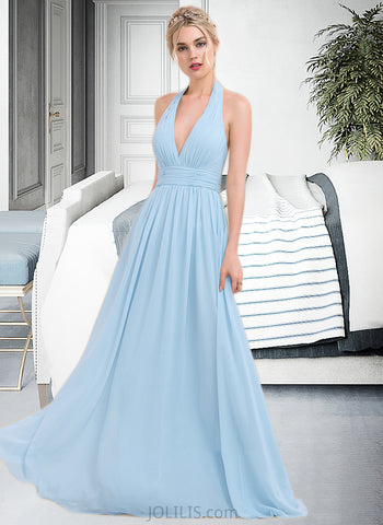 Aleah A-line Halter Floor-Length Chiffon Bridesmaid Dress With Ruffle UKP0012905