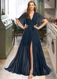 Sam A-Line V-neck Floor-Length Chiffon Bridesmaid Dress With Split Front UKP0012909