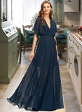 Sam A-Line V-neck Floor-Length Chiffon Bridesmaid Dress With Split Front UKP0012909