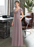 Amira A-Line V-neck Floor-Length Chiffon Bridesmaid Dress With Cascading Ruffles Pockets UKP0012910