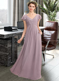 Amira A-Line V-neck Floor-Length Chiffon Bridesmaid Dress With Cascading Ruffles Pockets UKP0012910