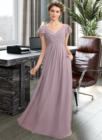 Amira A-Line V-neck Floor-Length Chiffon Bridesmaid Dress With Cascading Ruffles Pockets UKP0012910