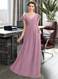 Amira A-Line V-neck Floor-Length Chiffon Bridesmaid Dress With Cascading Ruffles Pockets UKP0012910