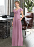 Amira A-Line V-neck Floor-Length Chiffon Bridesmaid Dress With Cascading Ruffles Pockets UKP0012910