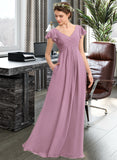 Amira A-Line V-neck Floor-Length Chiffon Bridesmaid Dress With Cascading Ruffles Pockets UKP0012910