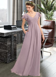 Amira A-Line V-neck Floor-Length Chiffon Bridesmaid Dress With Cascading Ruffles Pockets UKP0012910