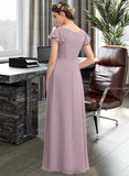 Amira A-Line V-neck Floor-Length Chiffon Bridesmaid Dress With Cascading Ruffles Pockets UKP0012910