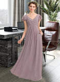 Amira A-Line V-neck Floor-Length Chiffon Bridesmaid Dress With Cascading Ruffles Pockets UKP0012910