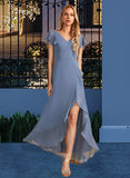 Karli A-Line V-neck Asymmetrical Bridesmaid Dress With Ruffle Split Front UKP0012912