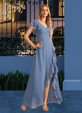 Karli A-Line V-neck Asymmetrical Bridesmaid Dress With Ruffle Split Front UKP0012912