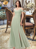 Suzanne A-Line V-neck Floor-Length Chiffon Bridesmaid Dress With Split Front UKP0012915