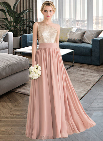 Giovanna A-line One Shoulder Floor-Length Chiffon Sequined Bridesmaid Dress UKP0012916