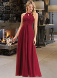 Emily A-Line Scoop Neck Floor-Length Chiffon Lace Bridesmaid Dress UKP0012918