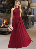 Emily A-Line Scoop Neck Floor-Length Chiffon Lace Bridesmaid Dress UKP0012918